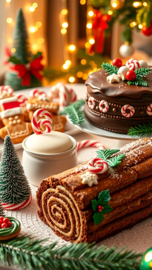A variety of Christmas desserts including cookies, cakes, and festive decorations.